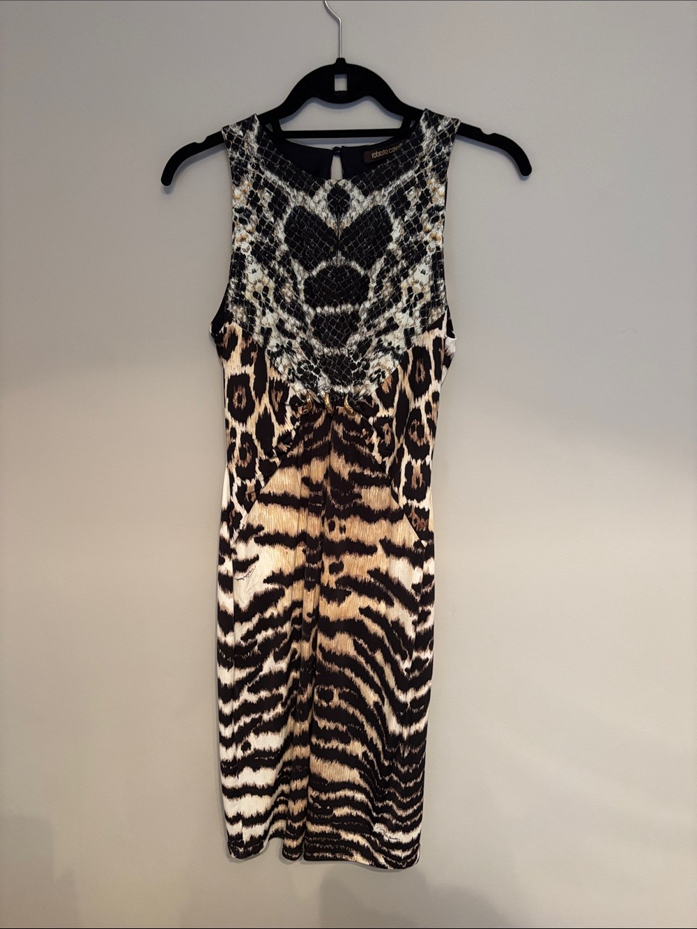 Roberto Cavalli Sleeveless Animal-Print Midi Dress - Black, Tan & Cream